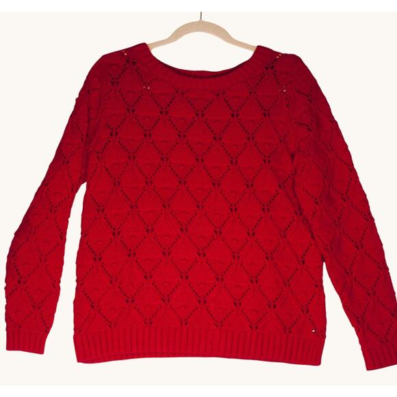 Tommy Hilfiger Sweater Womens Large Red Open Knit Diamond Cotton Casual Classic - Picture 2 of 11